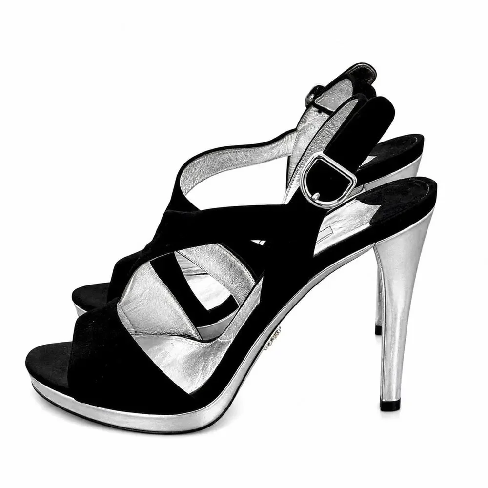 Prada Black Suede Silver Metallic Platform Slingback Heels Sandals EU 37
